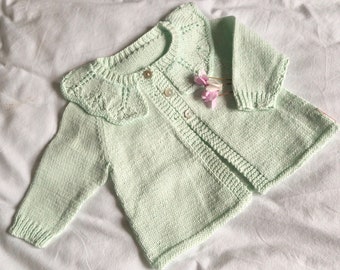 Vintage style baby cardigan, matinee jacket, 0-3 months - hand knitted in baby cotton yarn, pale green