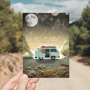 May include: A rectangular art print featuring a light green camper van with a surfboard on its roof. The background displays a night sky with a full moon, constellations, and the text Blessed are those who have the courage to seek adventure.