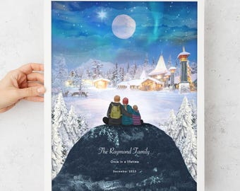 Lámina familiar personalizada de LAPONIA, arte personalizado para vacaciones de invierno, recuerdo de viaje en pareja, lámina de viaje familiar