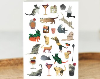 Tarjeta de gatos y cócteles, gatos y bebidas, gatos jugando, tarjeta de cumpleaños para gatos, tarjeta de celebración para gatos. Tarjeta tamaño A6. 100 % reciclada y vegana.