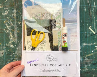 Kit de collage de paisajes para principiantes, crea collages DIY, materiales y herramientas para collages, con ayuda y tutoriales. Set de actividades de collage conscientes.