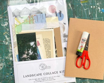 Kit avanzado de collage de paisajes, crea collages DIY, materiales y herramientas para collages, con ayuda y tutoriales. Set de actividades de collage conscientes.