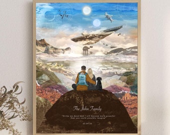 Puede incluir: Una impresión de arte digital que presenta a una pareja y su perro sentados en la cima de una montaña con vistas a un paisaje con una nave espacial de Star Wars en el cielo. El texto "The John Family" y una cita de Star Wars están incluidos.