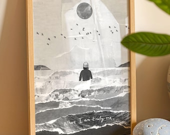 Lámina de natación en la naturaleza, «Donde soy yo». Lámina de natación en blanco y negro, paisaje marino, nadadora en la naturaleza, regalo para nadadora en la naturaleza. Tamaño A5/A4/A3.