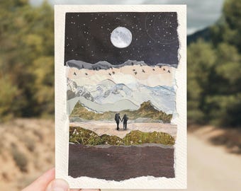 Hiking Couples Card, Wedding adventurers, Unique Landscape Card, Moon and birds, Atmospheric card for a couple - A6 size - Kraft envelope