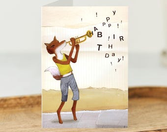 Tarjeta de cumpleaños de zorro, tarjeta de zorro trompeta, tarjeta musical de zorro, vegana, 100 % reciclada con tintas vegetales. Tamaño A6.