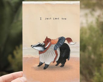 I just love you card, Couples woodland card, Badger Card, Fox Card, Fox and Badger, woodland card, Recycled Card, Vegan Friendly