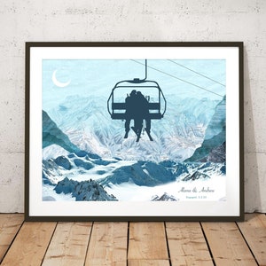 Arte de pared personalizado con diseño de snowboarder y esquiador / Pareja de esquiadores / Regalos de esquí / Aniversario / Boda / Regalo de compromiso / Familia/pareja amante de las actividades al aire libre