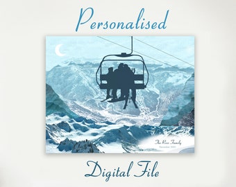 Impresión de familia de esquí / Telesilla de esquiador personalizada / Pareja de esquiadores / Regalo de snowboard / Aniversario de esquí / Regalo de boda / Regalo de compromiso / ARCHIVO DIGITAL