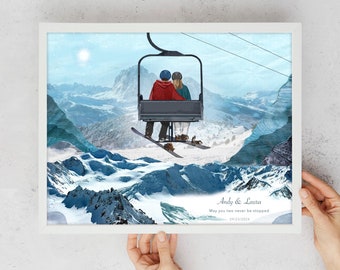 Impresión personalizada de telesquí, regalo personalizado de snowboarder, arte de esquí, regalo de bodas, regalo de pareja de esquiadores, regalo de pareja de snowboarders, regalo de snowboarder,