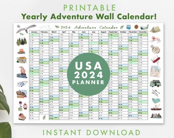 2024 Printable Wall Calendar, Yearly Adventure Wall Calendar, 2024 Wall Planner, Downloadable Kids Wall Planner, Children's Calendar