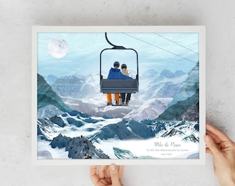 Custom Ski lift print, Personalised Snowboarder Gift, Ski Art, Wedding gift, Ski Couple Gift, Snowboard Couple Gift, Snowboarder Gift,