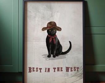 Lámina de gato negro, Lo mejor del Oeste, Lámina divertida de gato, Arte felino, Gato negro Sherrif, Sombrero de vaquero, Lámina del Oeste, Arte mural divertido de gato. Tamaños A3 y A4.