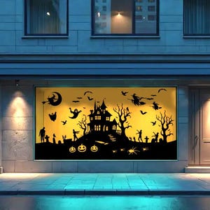 May include: A shop window display with a Halloween theme. The black silhouette design includes a haunted house, bats, witches, ghosts, pumpkins, and other spooky elements, set against a yellow backdrop.
