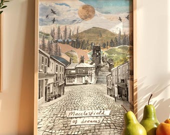 Impresión Macclesfield, arte collage, Macclesfield of Dreams, de Mia Hague, arte mural, A3 y A4.
