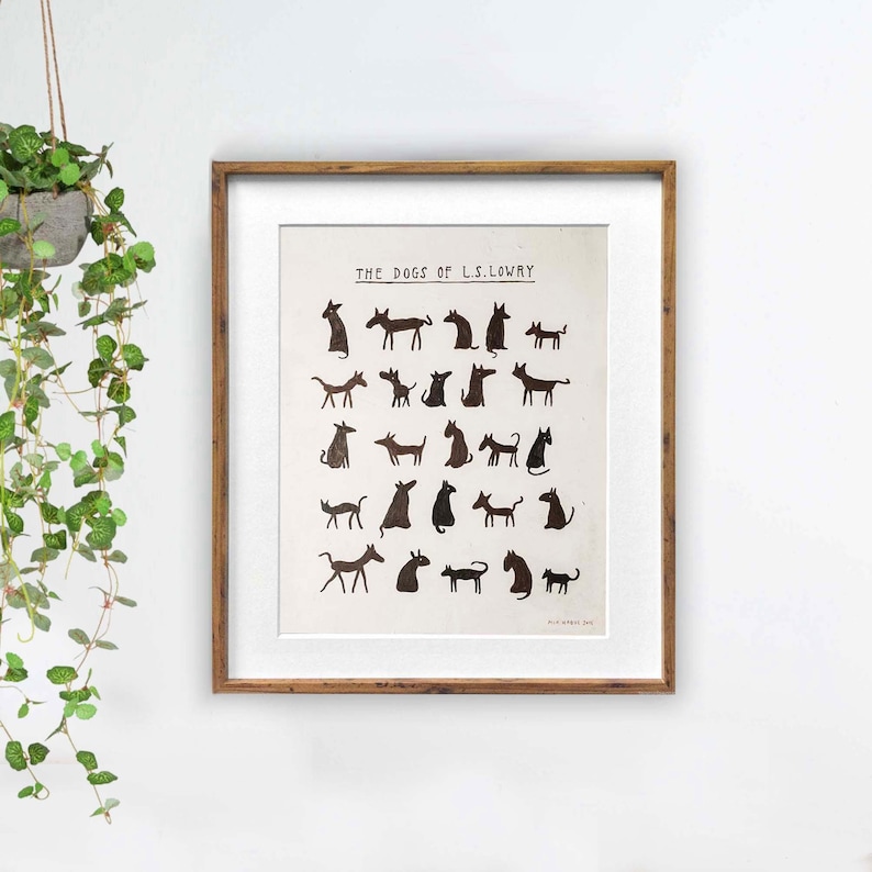May include: A framed print of a black and white illustration of dogs in various poses. The title of the print is "The Dogs of L.S. Lowry".