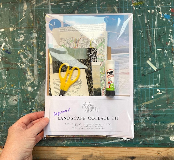 Beginners Landscape collage kit, DIY collage making, Collage materials and tools, with help and tutorials. Mindful collage activity set.