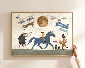 Animal magic print for children, Kids Bedroom Print, Child's fantasy nursery print, A3 and A2, Paper cut out, Collage art, Wall art, Organic