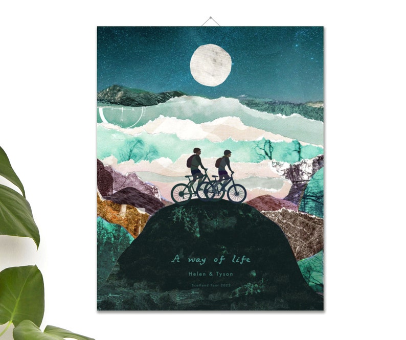 May include: A collage style illustration of two people riding bicycles up a hill under a full moon. The text "A way of life" is written below the image, along with the names "Helen & Tyson" and the date "September 1st, 2023".