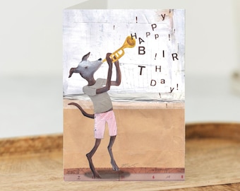 Dog Birthday Card, Trumpet Dog Card, Musical dog card, VEGAN friendly, 100% . Greyhound, lurcher, whippet. 100pc recycled - A6 Size