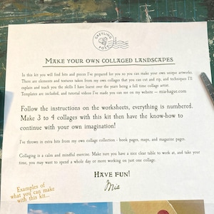 May include: A white instructional sheet titled Make Your Own Collaged Landscapes with the Greyling Post logo, text instructions, and a signature from Mia. A white glue stick and yellow-handled scissors are placed on the sides of the paper.