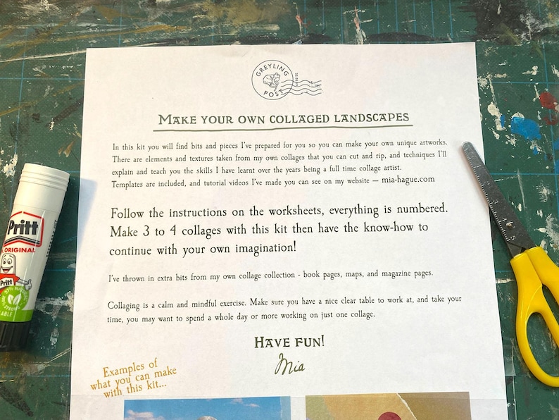 May include: A white instructional sheet titled Make Your Own Collaged Landscapes with the Greyling Post logo, text instructions, and a signature from Mia. A white glue stick and yellow-handled scissors are placed on the sides of the paper.