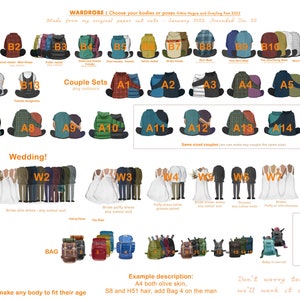 May include: A chart with illustrations of different clothing options for couples and individuals. The chart is titled "WARDROBE: Choose your bodies or poses" and includes categories for "Couple Sets", "Wedding", and "Wedding Extras".