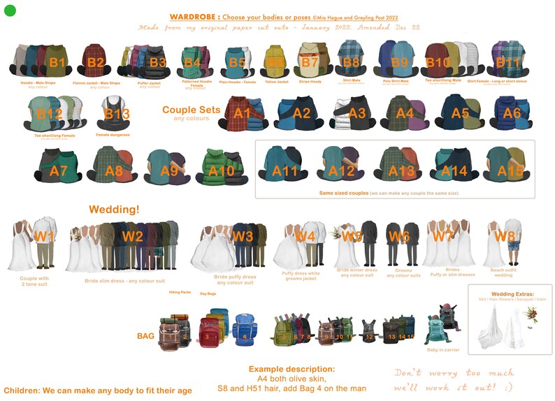 May include: A chart with illustrations of different clothing options for couples and individuals. The chart is titled "WARDROBE: Choose your bodies or poses" and includes categories for "Couple Sets", "Wedding", and "Wedding Extras".