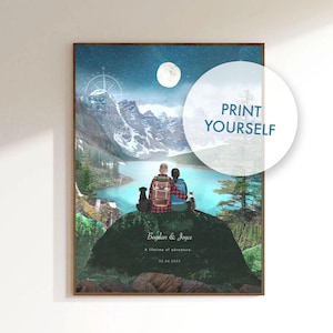 May include: A printable art print featuring a couple and their pets sitting on a rock overlooking a lake in a mountain landscape. The print has a blue, green, and brown color scheme and includes the text "Bogdan & Joyce, A lifetime of adventure, 03.04.2023".