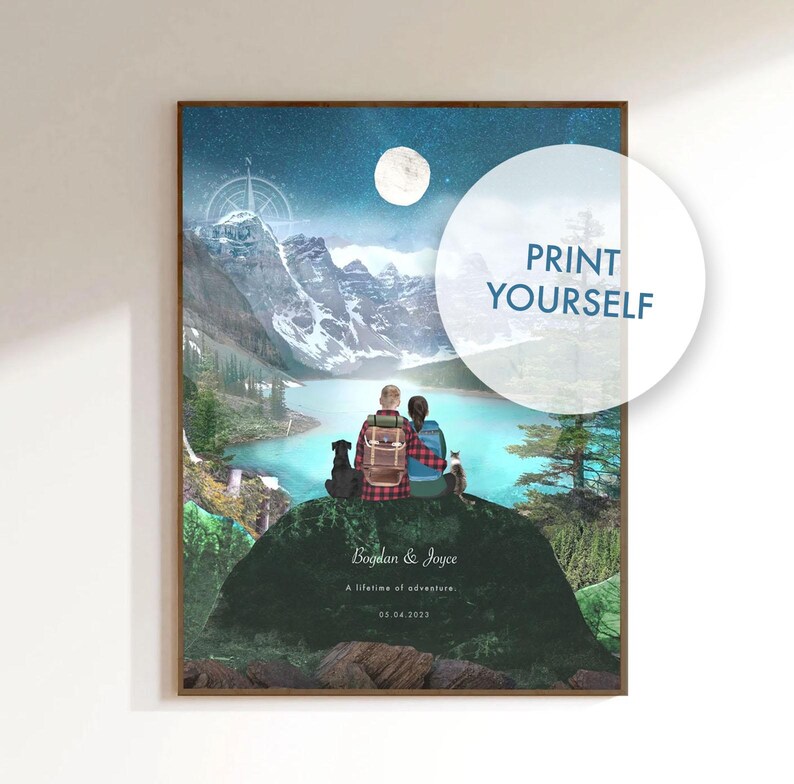 May include: A printable art print featuring a couple and their pets sitting on a rock overlooking a lake in a mountain landscape. The print has a blue, green, and brown color scheme and includes the text "Bogdan & Joyce, A lifetime of adventure, 03.04.2023".