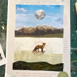 May include: Collage art in progress, featuring a layered landscape with a blue sky, mountains, and a full moon. A fox illustration is the focal point. The text reads "Work on this sheet - back to front" and "Tutorial videos at mia-hague.com".