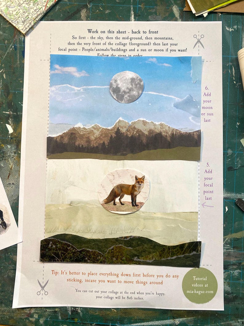 May include: Collage art in progress, featuring a layered landscape with a blue sky, mountains, and a full moon. A fox illustration is the focal point. The text reads "Work on this sheet - back to front" and "Tutorial videos at mia-hague.com".