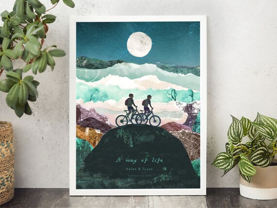 Custom mountain biking print, Personalised Couples biking, Cycling family print, Mountain biking gift, Cycling gift, Biker couple