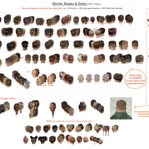 May include: A chart of different hairstyles for men and children. The chart includes a variety of short and long hairstyles, as well as different hair colors and skin tones. The chart also includes a selection of headwear options. The text on the chart reads "Shorter Shapes & Styles" and "Every style is available in any colour and every skin tone".