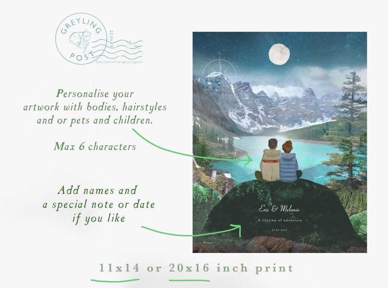 May include: A personalized illustration of a couple sitting on a mountain overlooking a lake with a full moon in the sky. The text "Eric & Melanie" and "A lifetime of adventure" is included in the image. The illustration is available in 11x14 or 20x16 inch prints.
