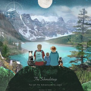 May include: A digital illustration of a family of four, two adults and two children, sitting on a rock overlooking a lake in a mountainous landscape. The sky is blue with stars and a full moon. The text "The Schmalstiegs" is written below the family, followed by "For all the Adventures to come" and "October 8, 2022".