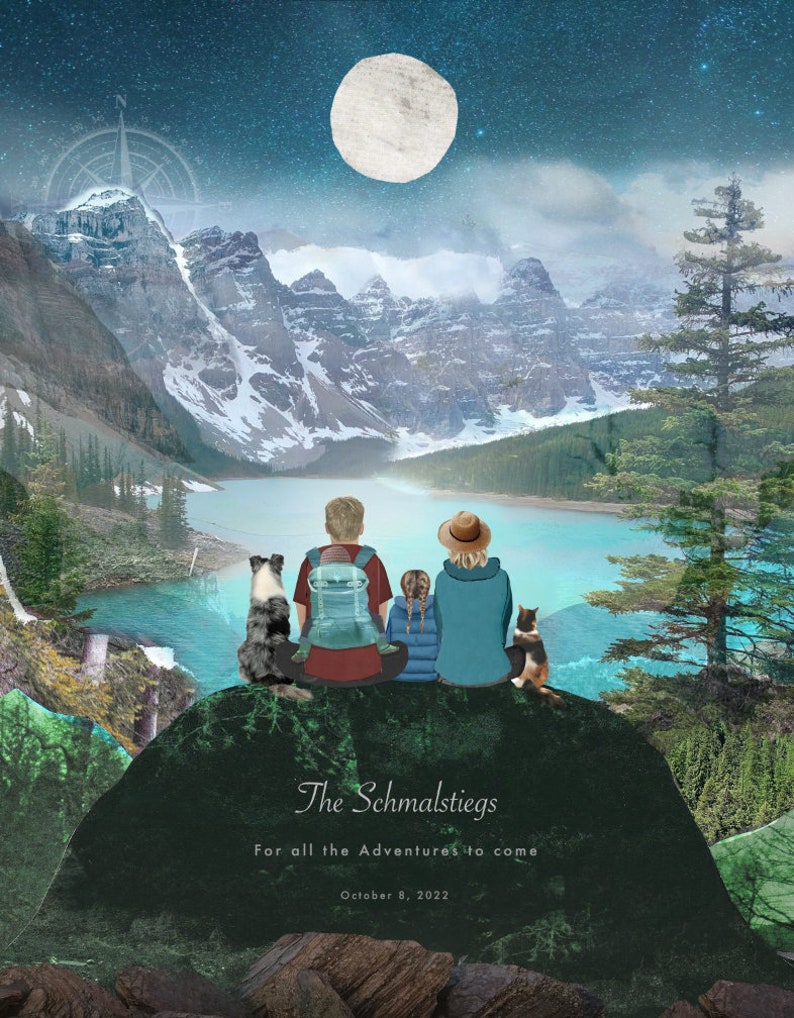 May include: A digital illustration of a family of four, two adults and two children, sitting on a rock overlooking a lake in a mountainous landscape. The sky is blue with stars and a full moon. The text "The Schmalstiegs" is written below the family, followed by "For all the Adventures to come" and "October 8, 2022".