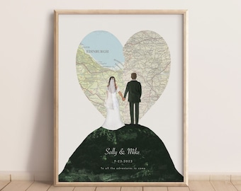 Huwelijkscadeau Heart Map Print, Bruidspaar Custom Print, Uniek cadeau, Personaliseer paar en kaarten, Gepersonaliseerde huwelijkscadeau, 11x14 inch