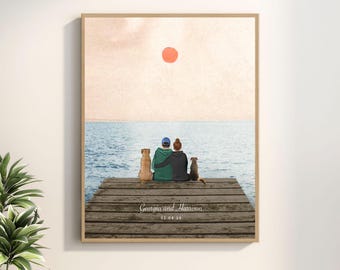 Impresión personalizada de parejas al atardecer, impresión para aventureros, arte familiar al atardecer, impresión familiar personalizada, impresión de paisaje marino,