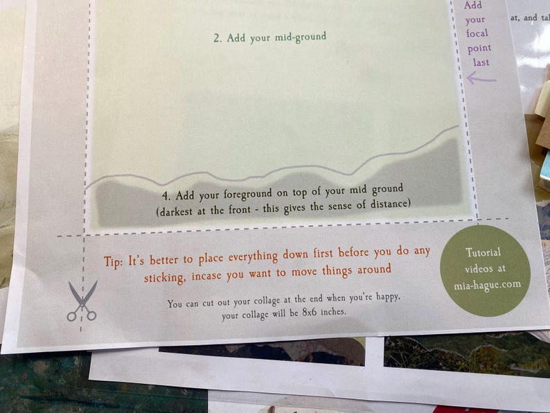 May include: A white instructional paper sheet with light green sections, featuring text including 2. Add your mid-ground, 4. Add your foreground on top of your mid ground, and a tip about collage placement. It notes the final collage will be 8x6 inches.