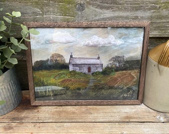 Original Mixed Media painting framed - Bothy / Croft / Cottage in stormy skies