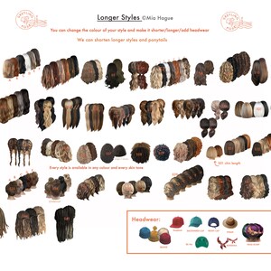 May include: A chart of different hairstyles for women, with numbers and letters labeling each style. The chart also includes a section for headwear, showing various hats and headbands.