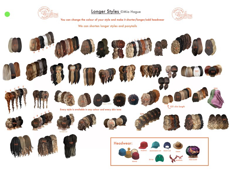 May include: A chart of different hairstyles for women, with numbers and letters labeling each style. The chart also includes a section for headwear, showing various hats and headbands.