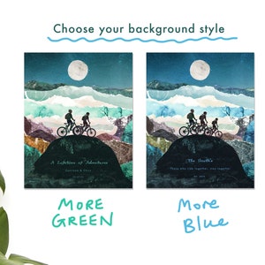 May include: Two images of a mountain landscape with a moon in the sky. The first image is more green and the second image is more blue. Both images feature a silhouette of three people riding bicycles on a mountain path. The text "A Lifetime of Adventures" is below the first image and the text "The Smith's Those who ride together, stay together Est. 2019" is below the second image.