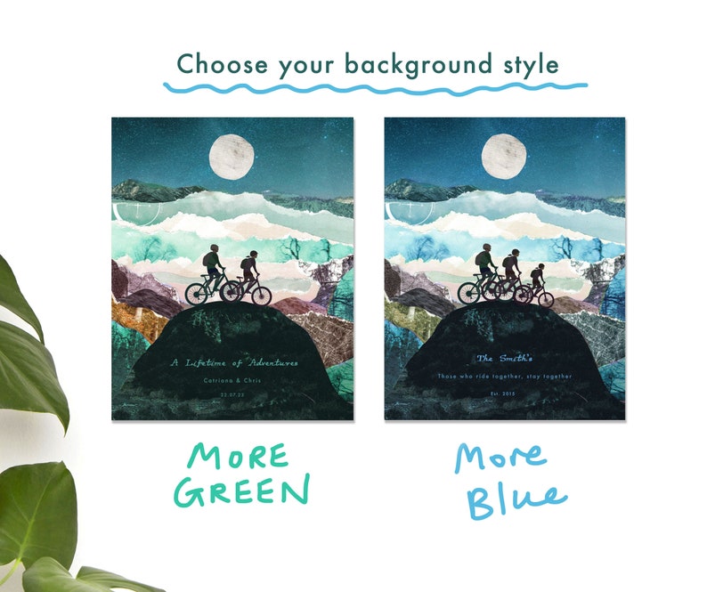 May include: Two images of a mountain landscape with a moon in the sky. The first image is more green and the second image is more blue. Both images feature a silhouette of three people riding bicycles on a mountain path. The text "A Lifetime of Adventures" is below the first image and the text "The Smith's Those who ride together, stay together Est. 2019" is below the second image.