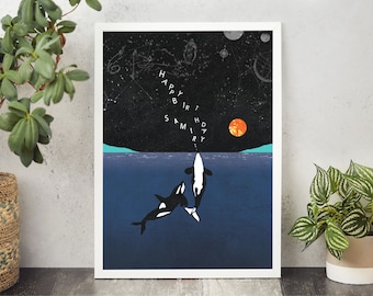 Personalised ORCAS print, Wedding Gift, Adventure print, Custom Whales Print, Engagement print, New Baby Print, Sealife Artwork