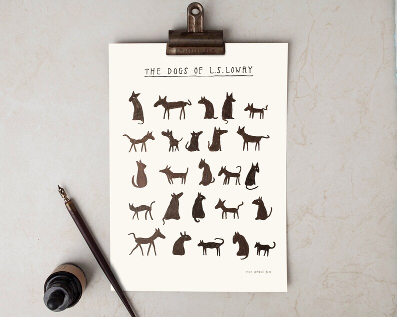 May include: A black and white print of the dogs of L.S. Lowry. The print features 24 different dog silhouettes in various poses. The title "The Dogs of L.S. Lowry" is at the top of the print. The artist's signature and date are at the bottom of the print.