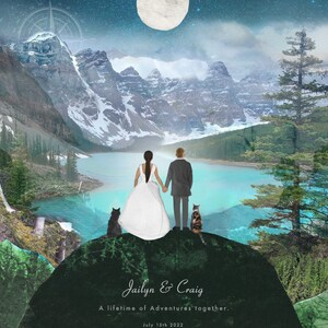 May include: A wedding invitation with a mountain landscape background. The couple is standing on a mountaintop with two cats. The text reads "Jailyn & Craig, A lifetime of Adventures together. July 15th 2022."