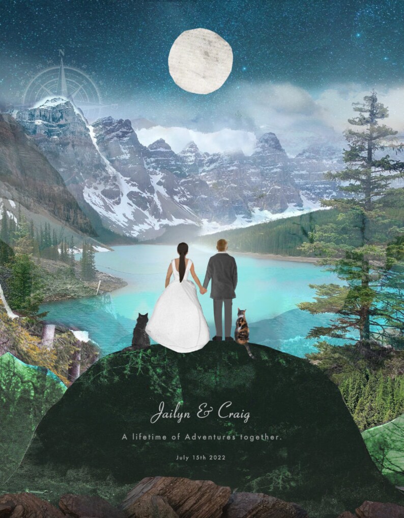May include: A wedding invitation with a mountain landscape background. The couple is standing on a mountaintop with two cats. The text reads "Jailyn & Craig, A lifetime of Adventures together. July 15th 2022."