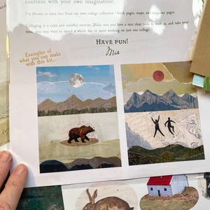 May include: A collage kit with examples of finished collages. The examples include mountain and bear scenes, and figures silhouetted against a mountain backdrop. The text "Examples of what you can make with this kit..." is visible.